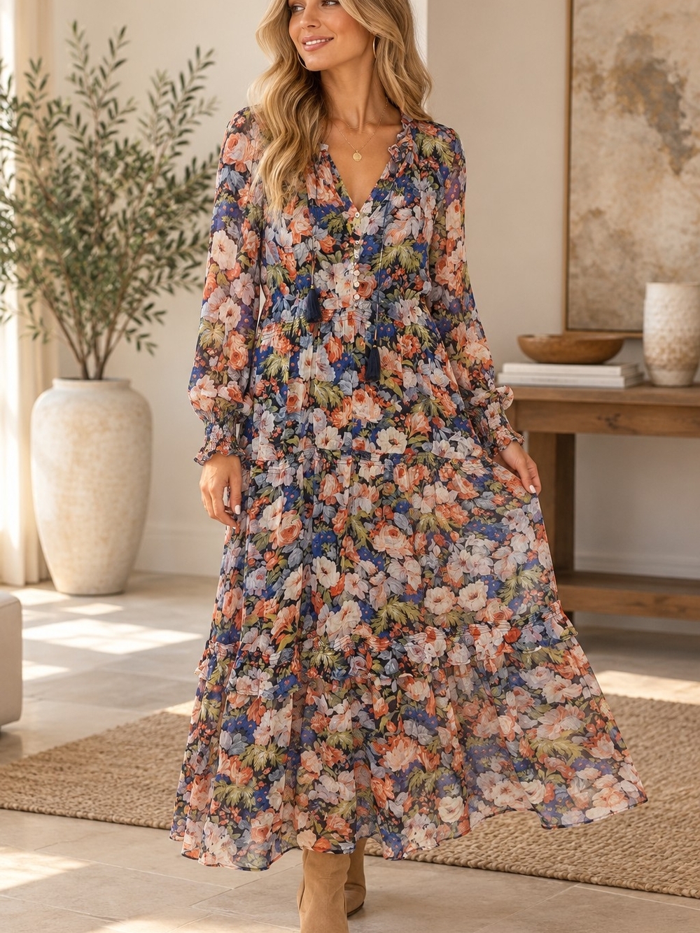 Anthropologie Floral V-Neck Long Sleeve Maxi Dress - Blue Multi